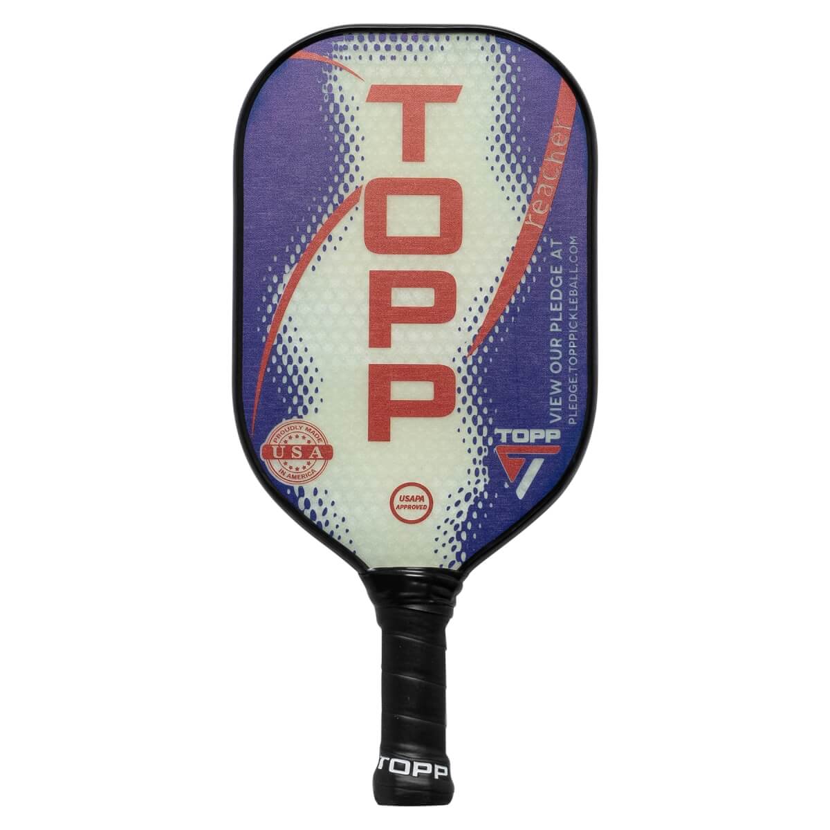 Front view of a white and purple pickleball paddle with red TOPP text, USA seal, and Reacher text.