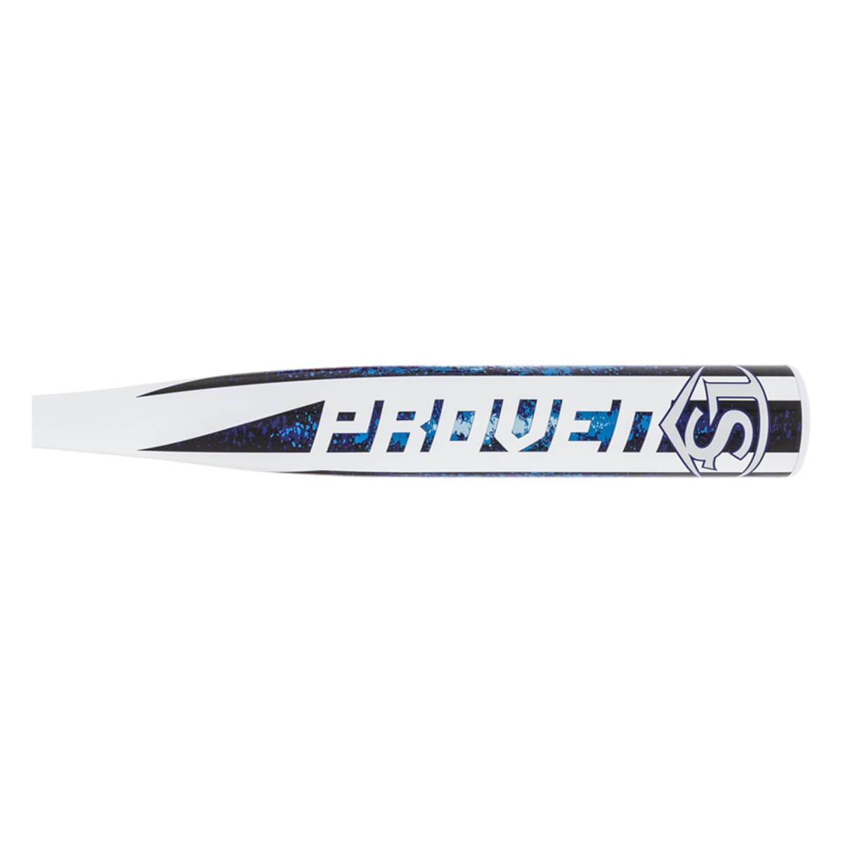 Side view of a white fastpitch softball bat with PROVEN text and an LS logo on a blue speckled design.