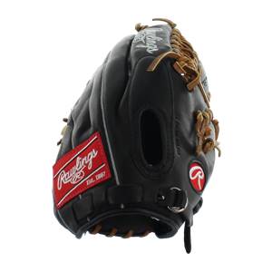 Side view of a black baseball glove with a red Rawlings logo and tan lacing.