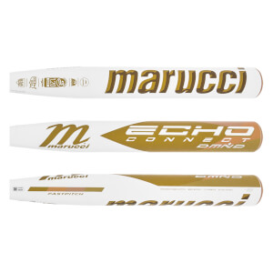 Three views of a white Marucci Echo Connect DMND -8 fastpitch softball bat with gold lettering.