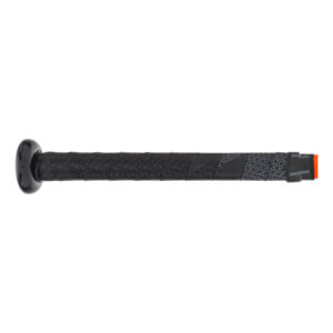 Side view of a black baseball bat with a textured grip and orange end cap.