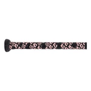 Close-up side view of a black fastpitch softball bat grip with a repeating pink D pattern and a black knob.