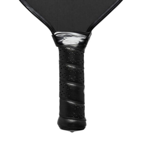 Close-up of a black pickleball paddle grip with a spiral pattern and perforations.