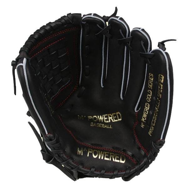 Top-down view of a black baseball glove with gold M^POWERED BASEBALL and M^POWERED GOLD SERIES PROFESSIONALLY SPECIFIED text.