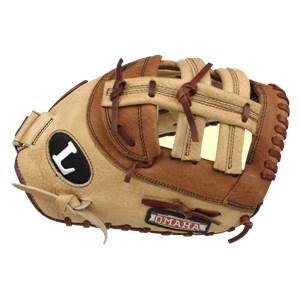 Top-down view of a tan and brown youth first base mitt with an L logo and OMAHA text.