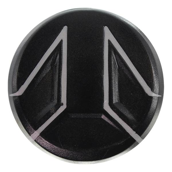 Top-down view of a black baseball bat end cap with a silver geometric design.