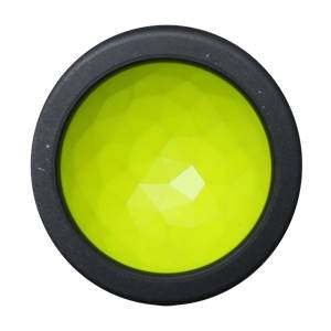 Top-down view of a black baseball bat end cap with a faceted, lime-green insert.