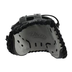 Inside view of a black and white catchers mitt with Liberty Advanced and Rawlings logos.