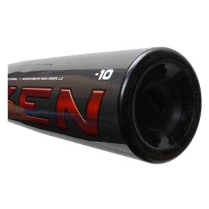 End view of a black baseball bat with red KEN lettering and -10 designation.