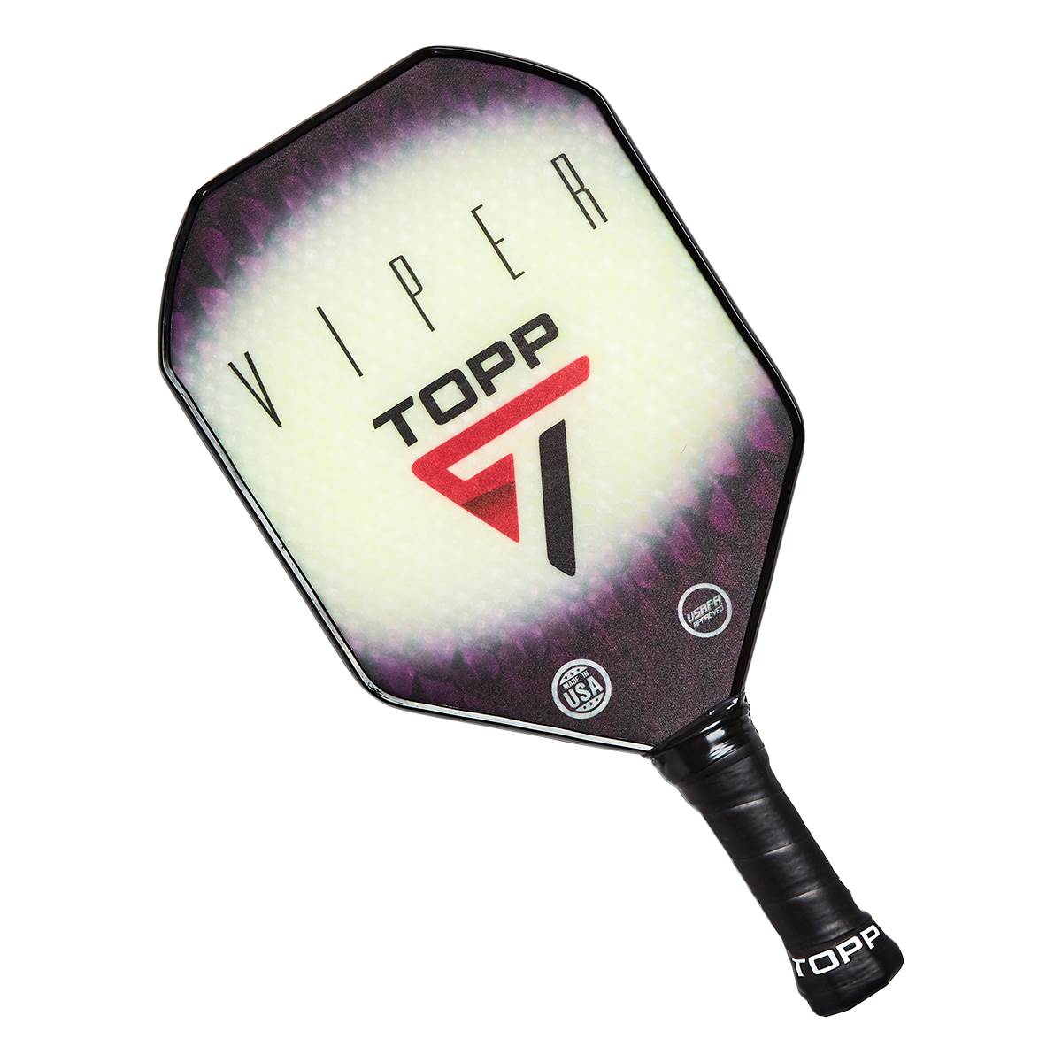 Top-down view of a white pickleball paddle with a purple gradient, VIPER text, and a red and black TOOP logo.