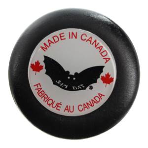End view of a black baseball bat with a white circular logo featuring a bat silhouette, red maple leaves, and MADE IN CANADA text.