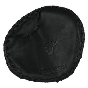 Top-down view of a black baseball glove with Akadema and a bull logo embossed.