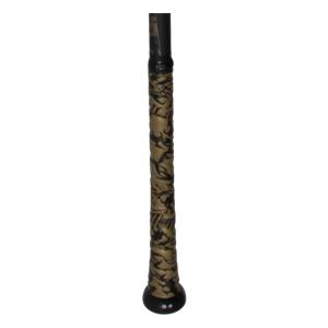 Close-up of a black baseball bat grip with a gold camouflage pattern and visible Voodoo text.