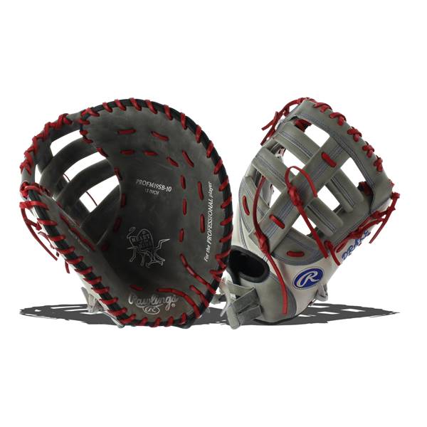 Two views of a gray Rawlings first base mitt with red lacing and PROFM19SB-10 text.
