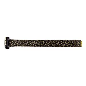 Side view of a black baseball bat with a gold patterned grip and MET logo on the knob.