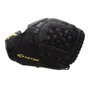 Side view of a black Easton softball glove with a woven pocket and yellow Easton logo.