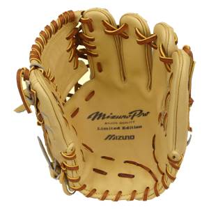Top-down view of a tan baseball glove with Mizuno Pro and Limited Edition text.