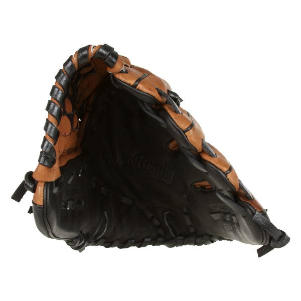 Side view of a black and tan youth baseball glove with Game Ready embossed on the palm.