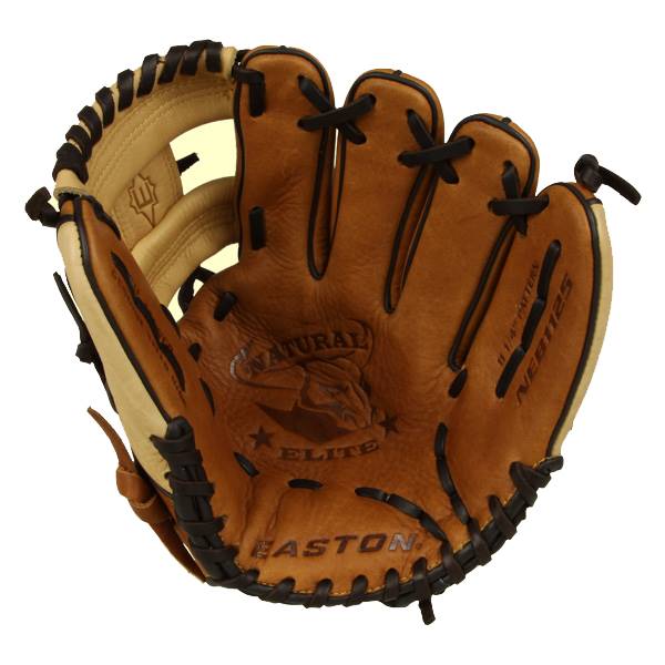Top-down view of a tan baseball glove with black lacing, NATURAL ELITE logo, and EASTON text.