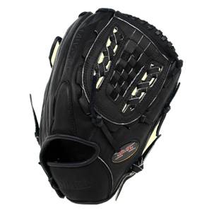 Top-down view of a black baseball glove with white stitching and a Miken logo.