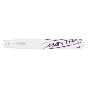 Side view of a white fastpitch softball bat with purple MANTRA PLUS+ branding and -10 designation.