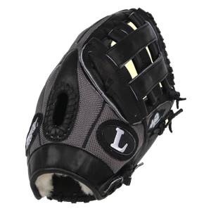 Side view of a black and gray baseball glove with a white L logo and H2 branding.