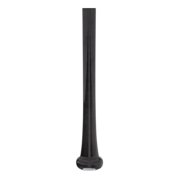 Side view of a black baseball bat with a flared knob and tapered barrel.