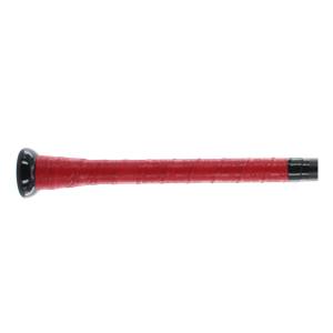 Side view of a red baseball bat grip with a black end cap.