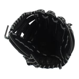 Inside view of a black baseball glove with gray lacing and a Wilson logo.