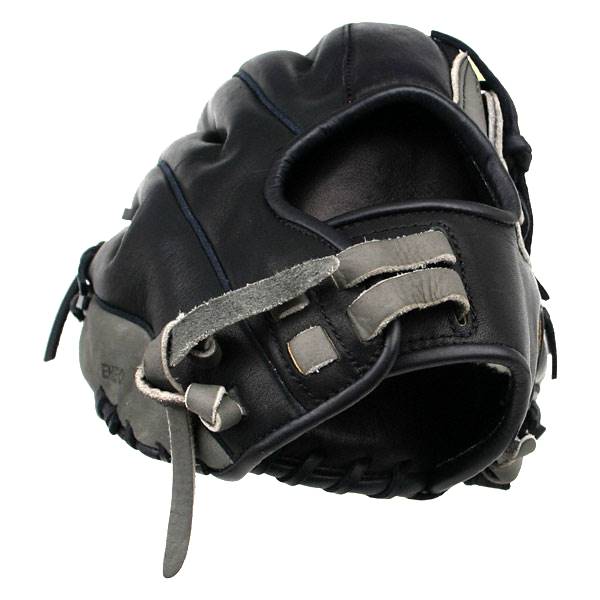 Side view of a black baseball glove with gray accents and adjustable strap.