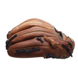 Side view of a brown baseball glove with MIZUNO branding and black lacing.