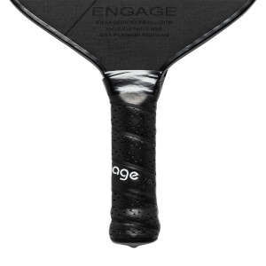 Close-up of a black pickleball paddle grip with perforated texture and Engage branding.