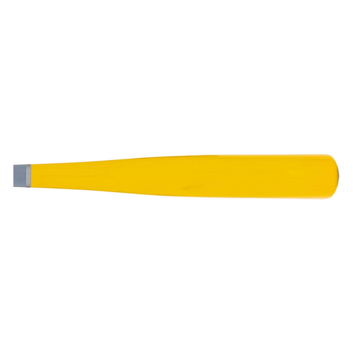Full view of a yellow baseball bat with a tapered barrel and a gray end cap on the handle.