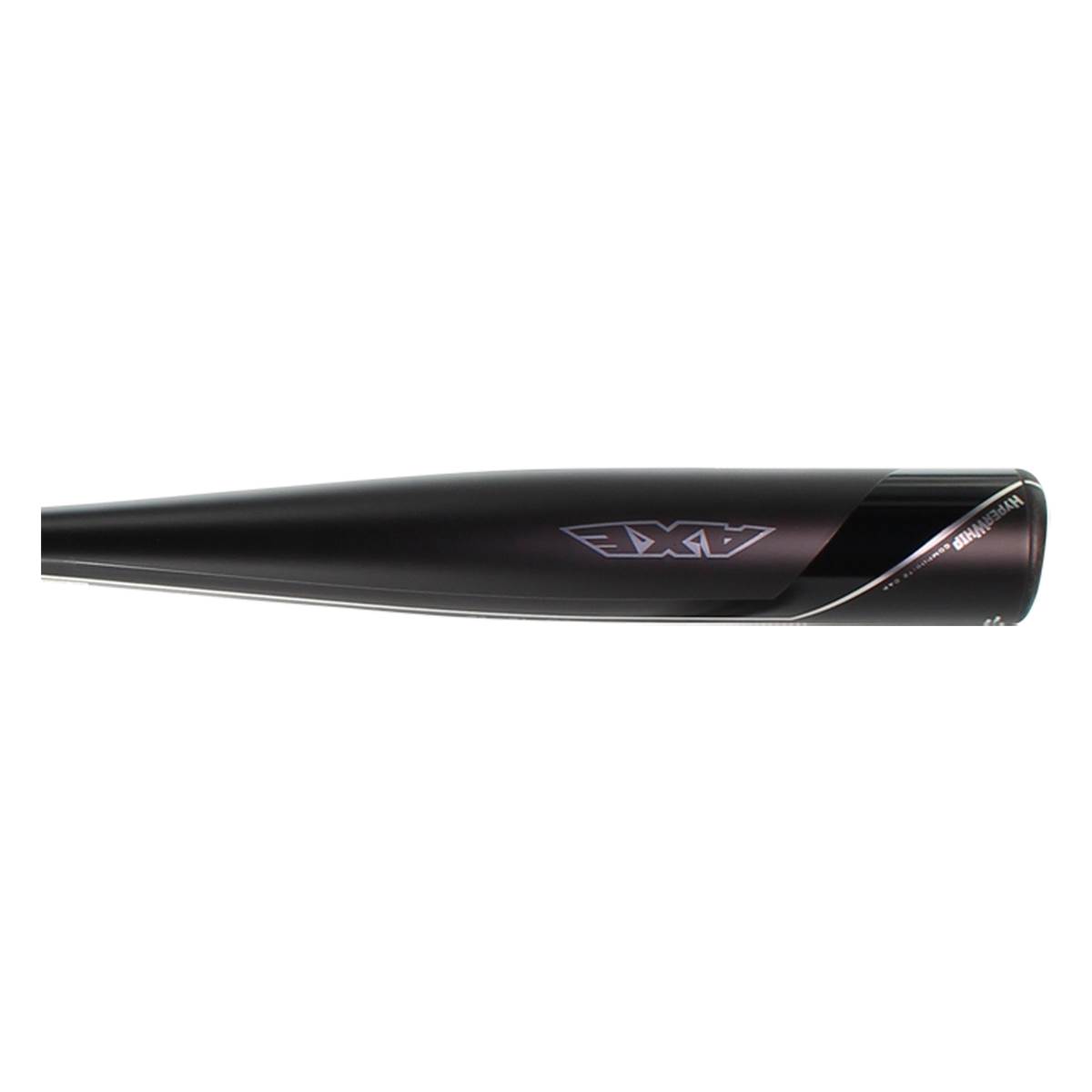 Side view of a black baseball bat with a silver AXE logo and HYPERWHIP text.