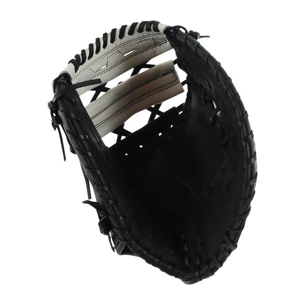 Interior view of a black first base mitt with white finger stalls and black lacing.