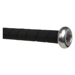 Close-up of a black baseball bat grip with a silver end cap and red logo.