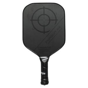 Front view of a black pickleball paddle with a target design, PURSUIT RX, and ENGAGE text.