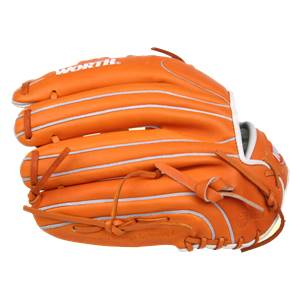 Side view of an orange baseball glove with white stitching and WORTH logo.
