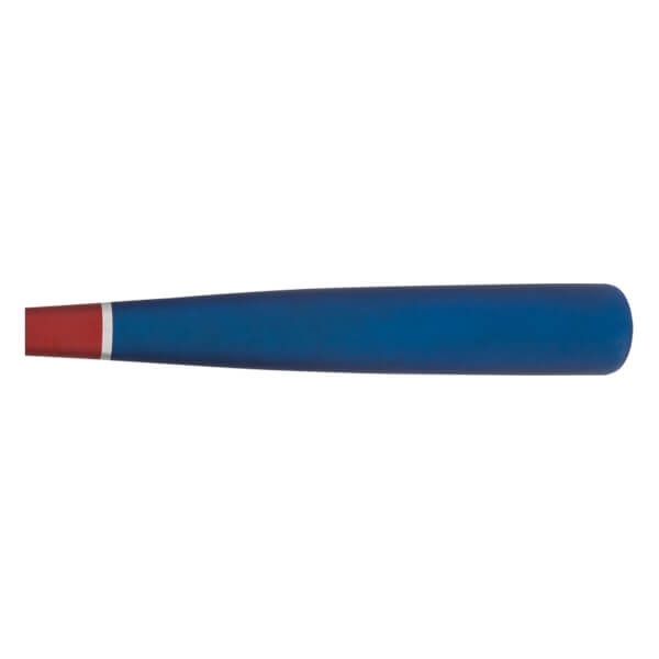 Side view of a blue baseball bat with a red end cap and silver accent band.