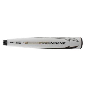 Side view of a white baseball bat with black DeMarini Voodoo Insane branding and BBCOR .50 certification.