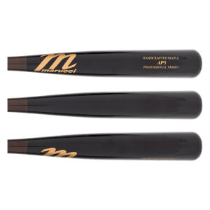 Side view of a black baseball bat with gold Marucci logo and AP5 PROFESSIONAL MODEL text.
