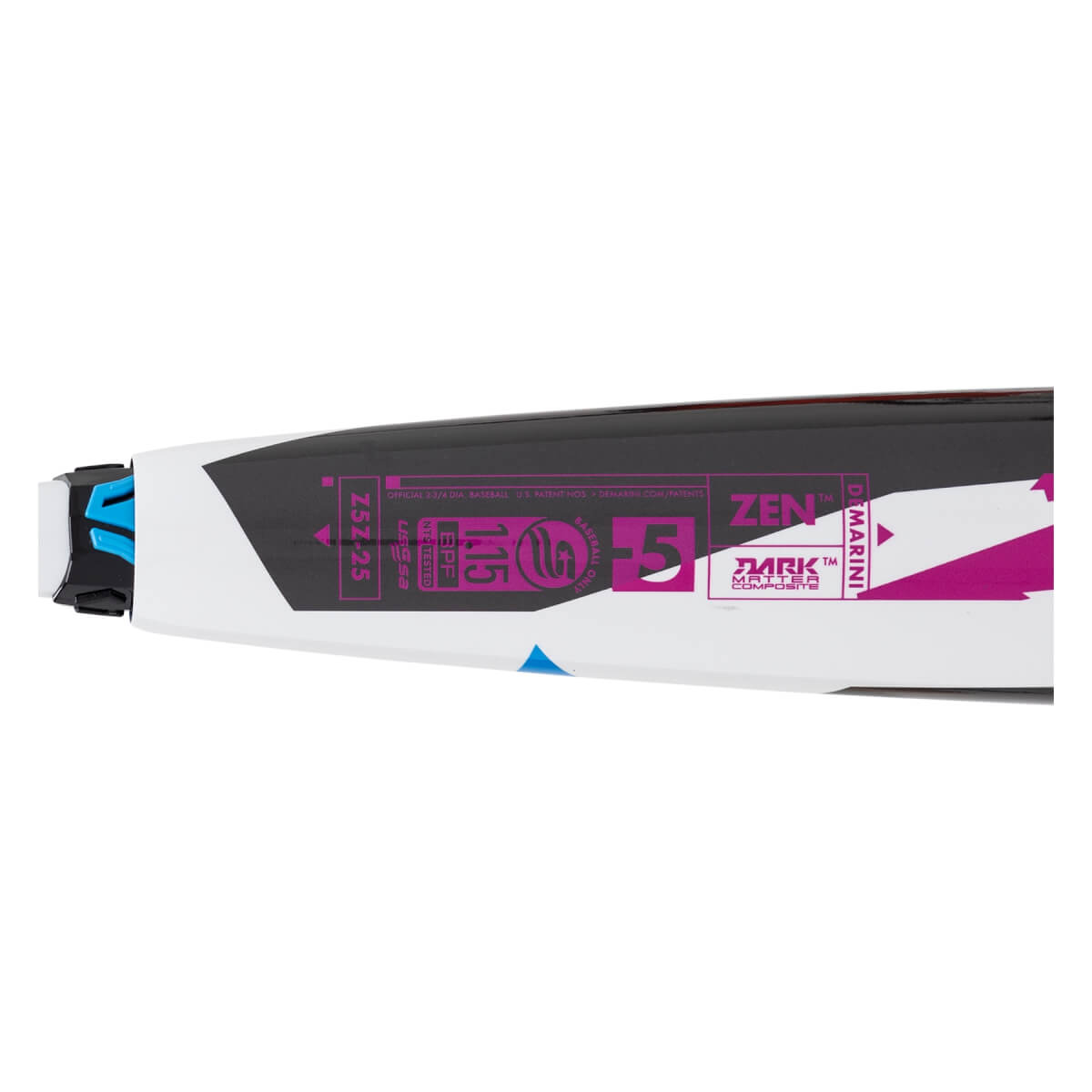 Close-up side view of a black, white, and magenta DeMarini baseball bat, showing ZEN, -5, and 1.15 BPF details.