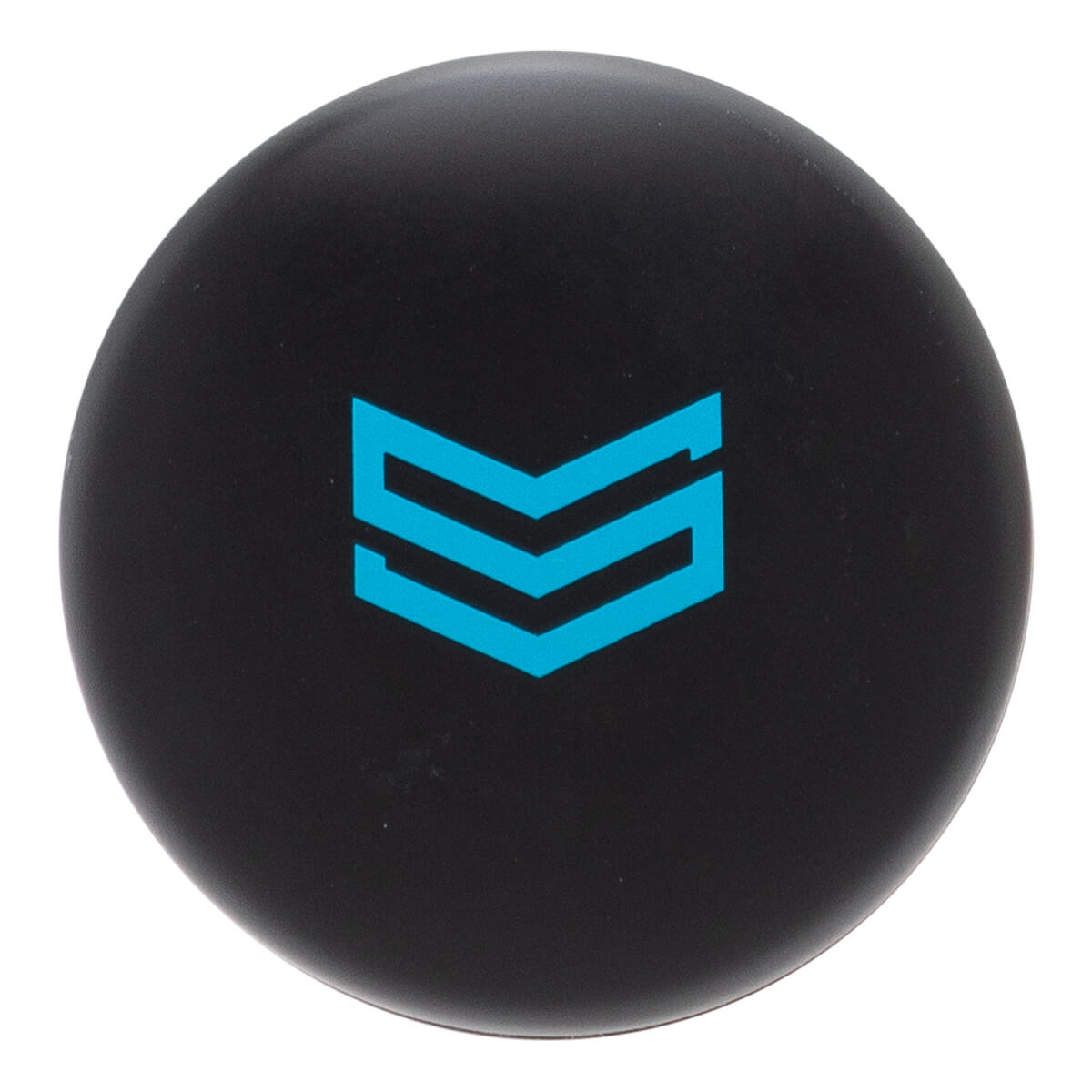 End view of a black baseball bat with a blue chevron logo.