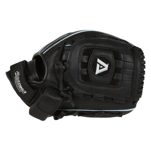 Side view of a black baseball glove with white stitching and an A logo.