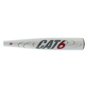 Side view of a white baseball bat with red and gray CAT 6 branding and a small m logo.