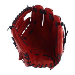 Top-down view of a red baseball glove with black lacing and Rawlings branding.