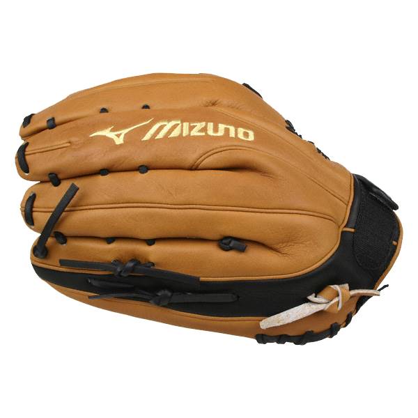 Side view of a tan baseball glove with black lacing and gold Mizuno branding.