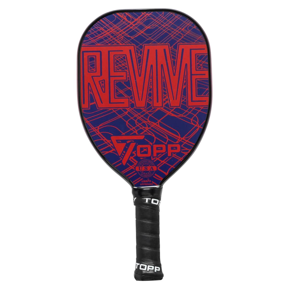 Front view of a blue pickleball paddle with red REVIVE text and TOPP logo.