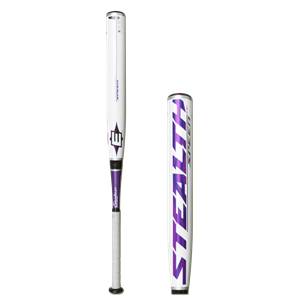 Side view of a white softball bat with purple STEALTH SPEED text and an Easton logo.