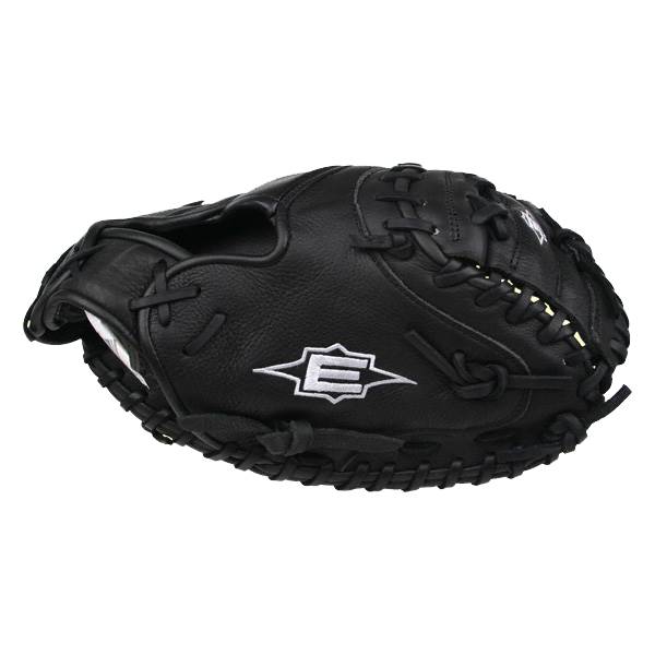 Side view of a black catchers mitt with a white Easton logo and detailed lacing.